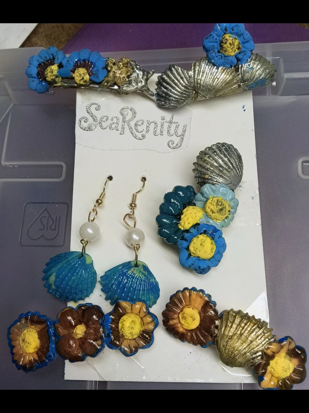 Serenity Blue & Gold Seashell Barrette and Earring Set